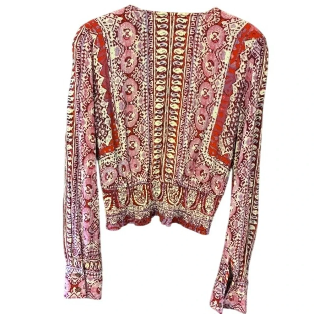 Free People Paisley Top Womens S Pink Excellent V-Neck Smocked Cropped Boho